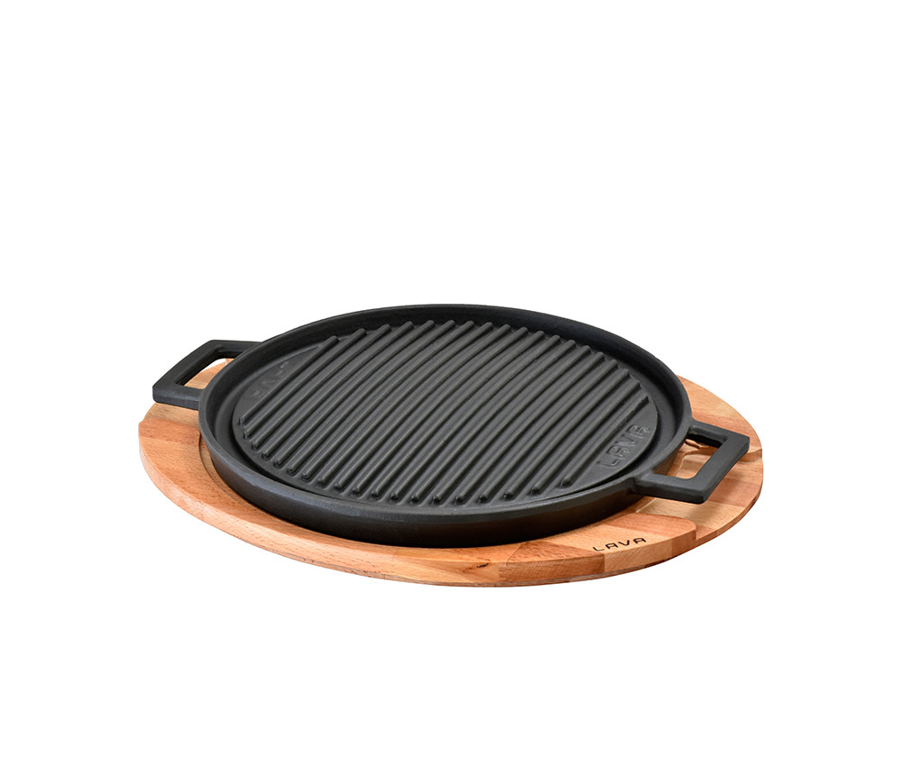 Πλάκα Ψησίματος 2 Όψεων Από Μαντέμι “Cast Iron” 28cm Lava Με Ξύλινο Πλατό