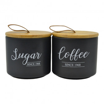 Βάζα Σετ 2Τμχ. Κεραμικά Μαύρα Με Bamboo Καπάκι Sugar/Coffe 10,4x10cm