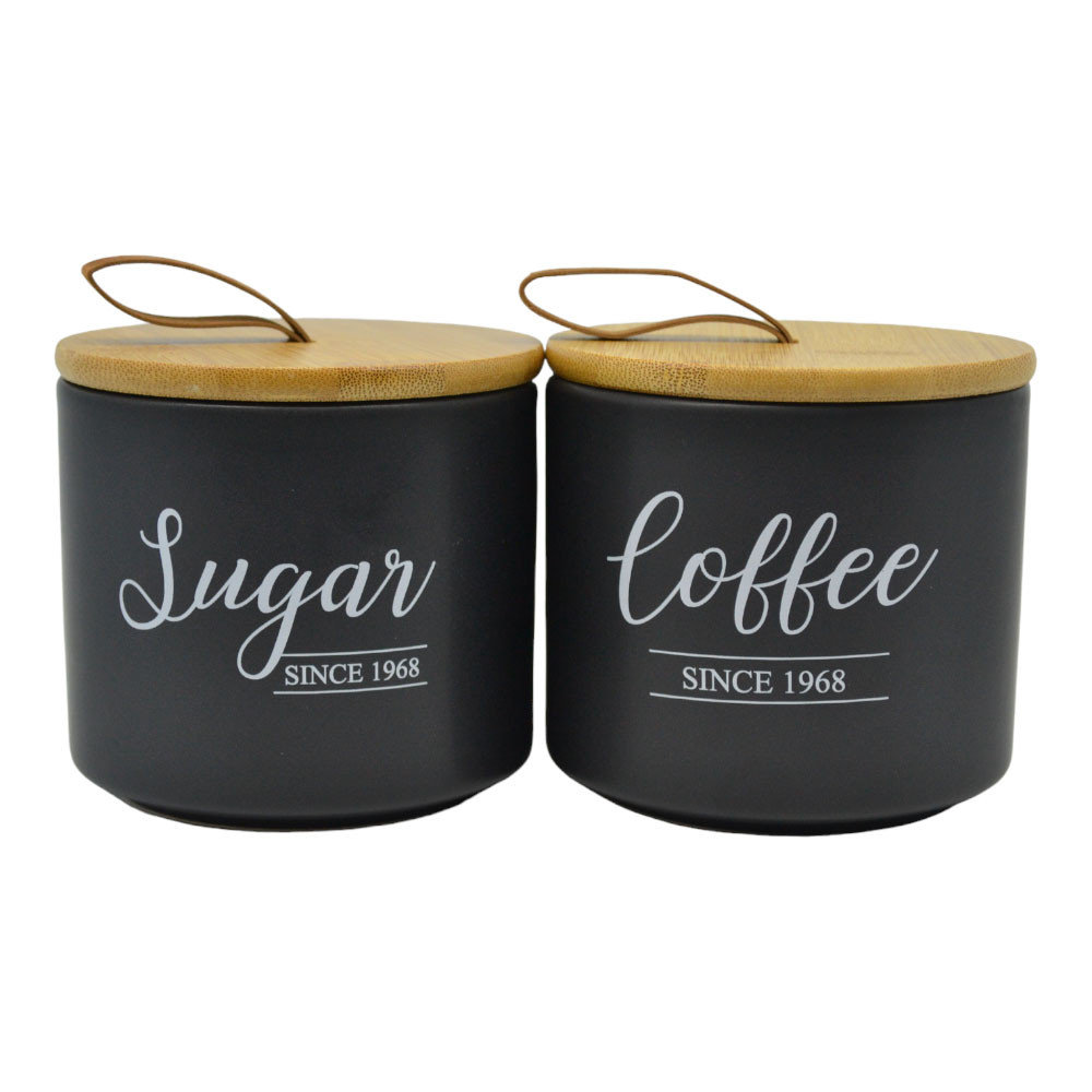 Ankor Βάζα Σετ 2Τμχ. Κεραμικά Μαύρα Με Bamboo Καπάκι Sugar/Coffe 10,4x10cm