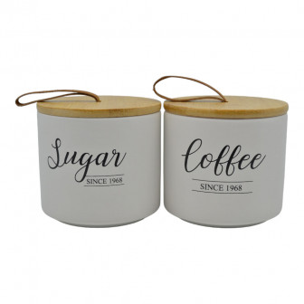 Βάζα Σετ 2Τμχ. Κεραμικά Λευκά Με Bamboo Καπάκι Sugar/Coffe 10,4x10cm