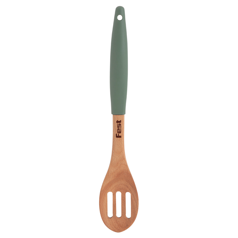 Διακοσμητικά και αξεσουαρ κουζίνας Kouzinika - ΣΗΜΑΝΤΙΚΟ: Σε περίπτωση διαφοράς τιμής από το κατάστημα ισχύει παντα και μόνο η τιμή του καταστήματος Fest Green Ξύλινη Κουτάλα Με Τρύπες Με Λαβή Σιλικόνης