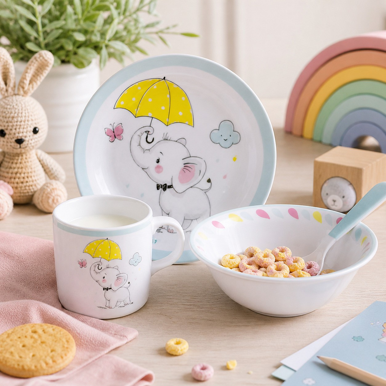 HOME FASHION ACCESSORIES Παιδικό Σερβίτσιο Φαγητού Πορσελάνης Elephant Σετ 3τμχ
