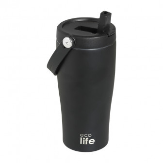 EcoLife Θερμός Ποτήρι Ανοξείδωτο 1 Handle Black Με Καλαμάκι 600ml