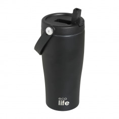EcoLife Θερμός Ποτήρι Ανοξείδωτο 1 Handle Black Με Καλαμάκι 600ml