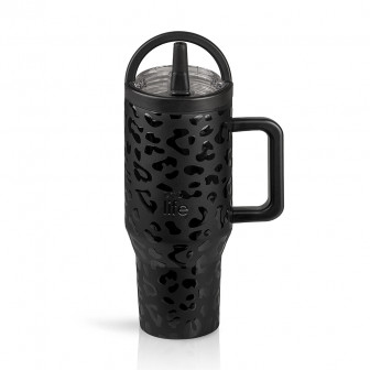 EcoLife Θερμός Ποτήρι Ανοξείδωτο 2 Handles Leopard Black Με Καλαμάκι 900ml