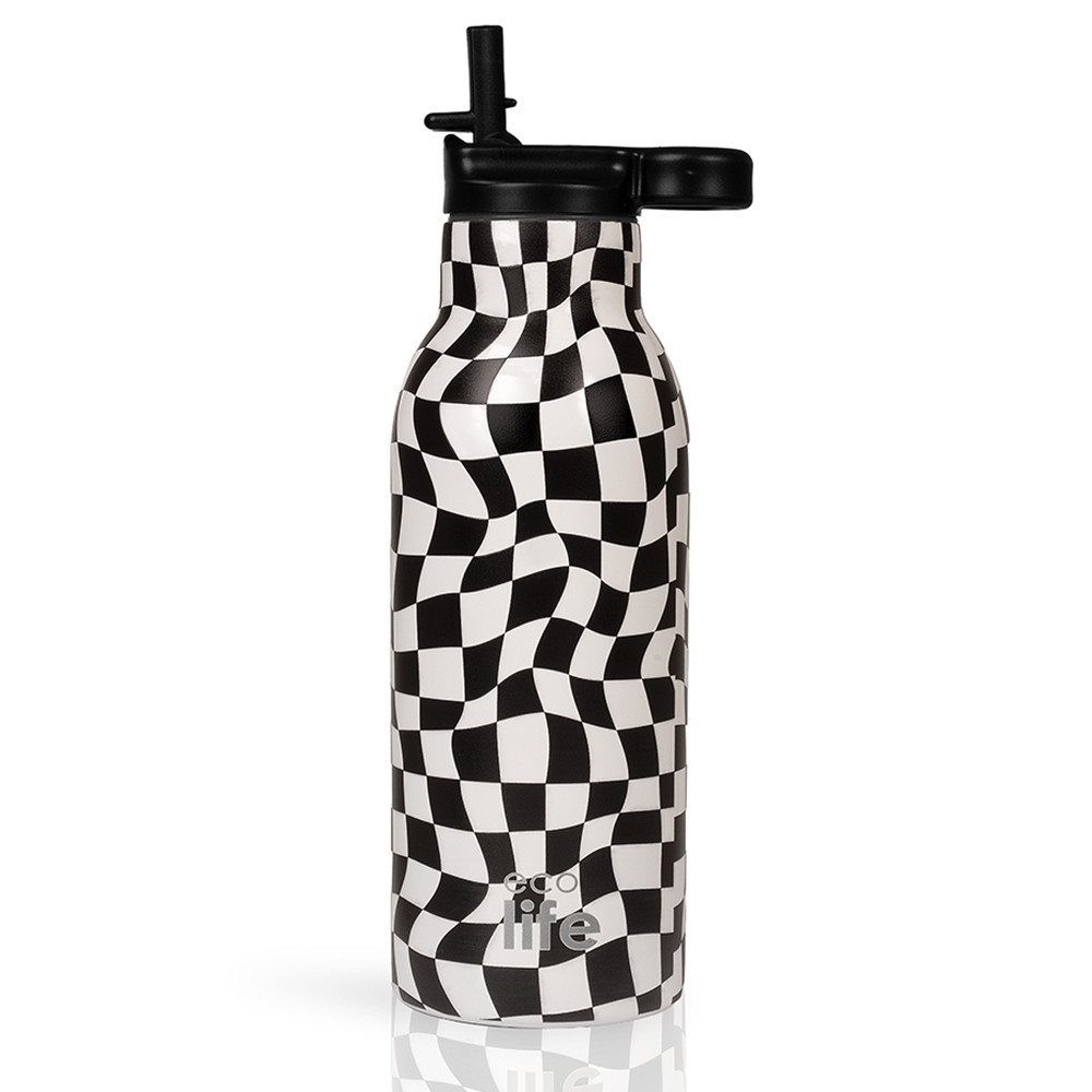 Ecolife Παγούρι Θερμός Black And White Ανοξείδωτο Με Κα