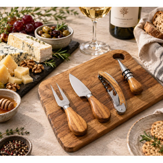 HFA ξύλινο Πλατό Σερβιρίσματος Acaccia Gourmet με 2 Μαχαίρια Για Τυρί Και 2 Αξεσουάρ Κρασιού Σε Συσκευασία Δώρου
