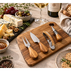 HFA ξύλινο Πλατό Σερβιρίσματος Acaccia Gourmet με 2 Μαχαίρια Για Τυρί Και 2 Αξεσουάρ Κρασιού Σε Συσκευασία Δώρου