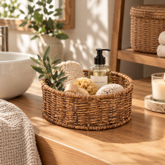 Καλάθι Αποθήκευσης Ψάθινο Στρογγυλό Rattan Καφέ 25cm